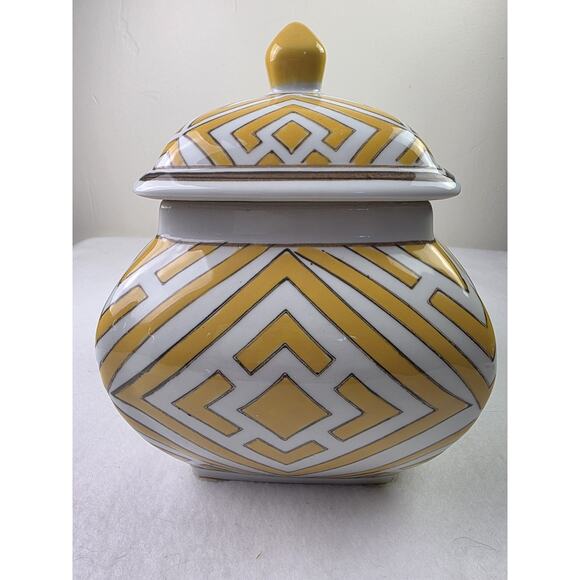 Unbranded Other - Vintage Ceramic Ginger Jar Yellow & White Geometric Chinoiserie Art Deco Style